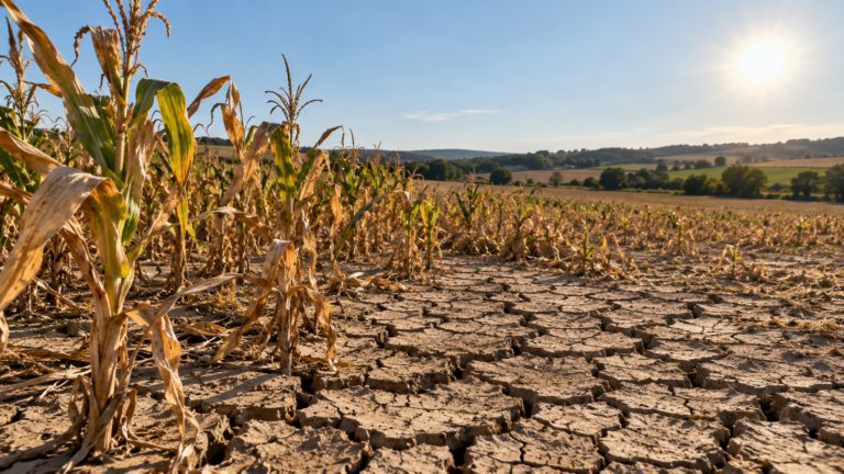Champ de maïs desséché par la sécheresse sur un sol craquelé
